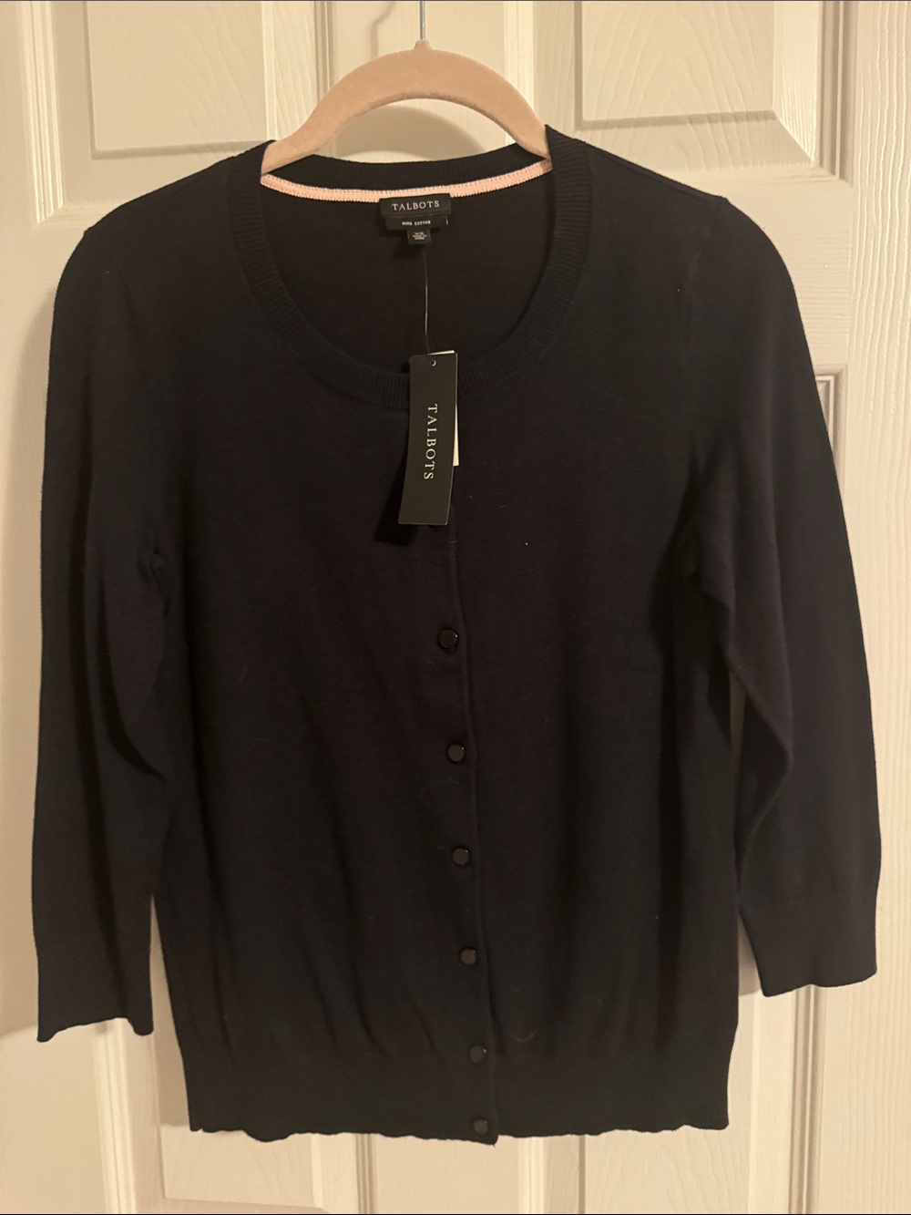 Talbots Black Button-Front Crewneck Cardigan with Pink Neck Trim